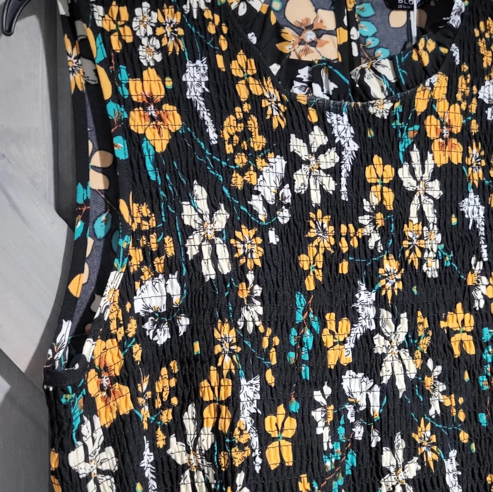 Floral Shirred Mock Neck Cut Out Pocket Ruffle Hem Dress - Picture 6 of 15